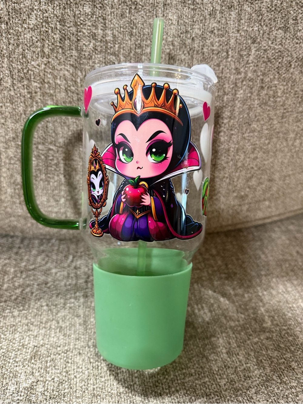 Green Evil Queen Character Tumbler with Handle and Straw